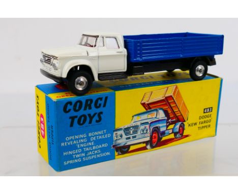 Corgi Toys - A boxed Corgi Toys #483 Dodge 'Kew Fargo' Tipper. The model with white cab, blue tipper and spun hubs appears to