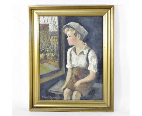 Christian Aigens, 1870-1940, portrait of a boy seated by a window, signed oil on canvas, 41 x 31cm