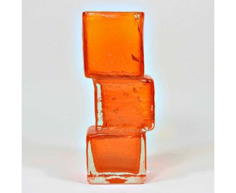 A Whitefriars orange Drunken Bricklayer glass vase, designed by Geoffrey Baxter, 22cm highCracked