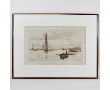 William Lionel Wyllie, 1851-1931, river scene with boats, etching, signed in pencil, 22 x 37cm