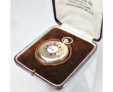 An early 20th century 9 carat gold cased half hunter pocket watch, by J W Benson, Ludgate Hill, having a signed enamel dial, 