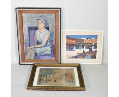 English School, mid 20th century, portrait of a seated lady, oil on board, 72 x 47cm, together with W. Haffurn, 20th century,