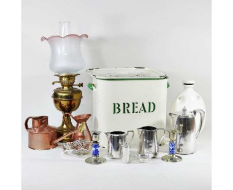 An enamel bread bin, 35cm high, together with an oil lamp, 51cm high, and other items