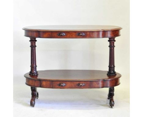 A Victorian mahogany two tier buffet, of lobed shape, united by fluted supports, on a scrolled base123w x 61d x 96h cm