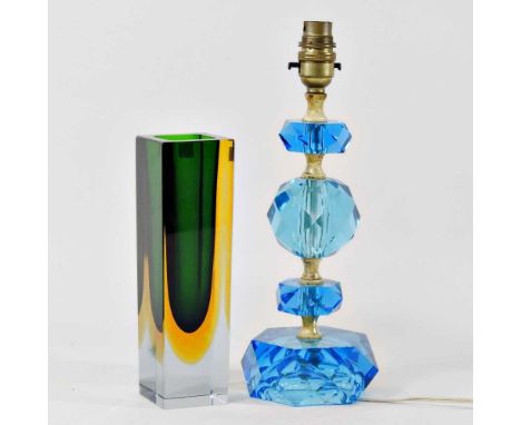 A blue cut glass lamp base, 32cm high, together with a Murano Sommerso green glass vase (2)