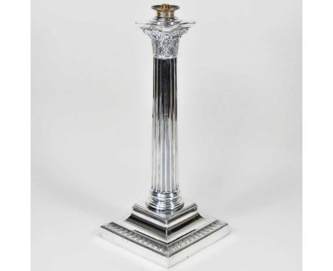 An early 20th century silver plated table lamp base, in the form of a Corinthian column, 38cm high