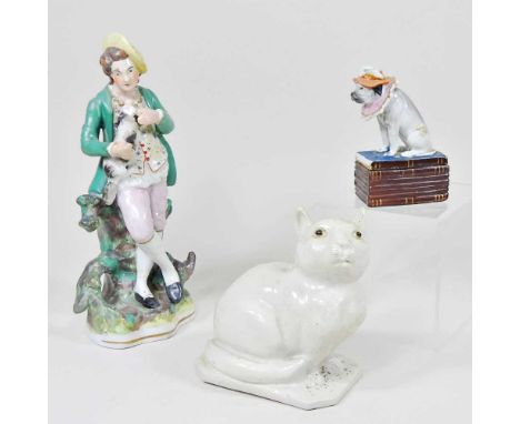 An early 20th century Chinese white glazed porcelain model of a seated cat, 13cm high, together with a continental porcelain 