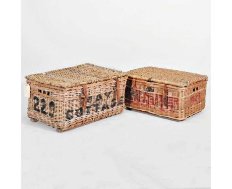 A wicker hamper, 76cm wide, together with another smaller (2)76w x 55d x 38h cm