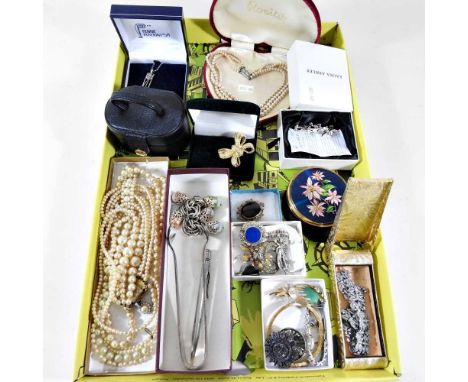 A collection of costume jewellery, to include simulated pearls, compact and a Rotary cocktail wristwatch