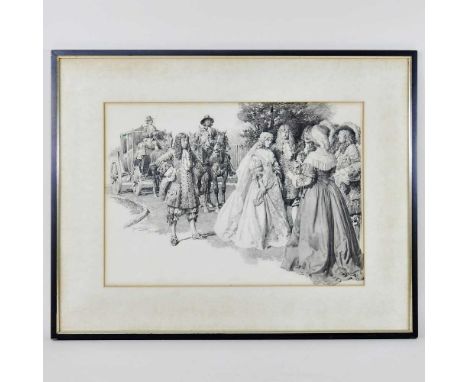 Chevalier Fortunino Matania, 1881-1963, Samuel Pepys at the marriage of Philip and Lady Jem, signed pencil on paper, 31 x 42c