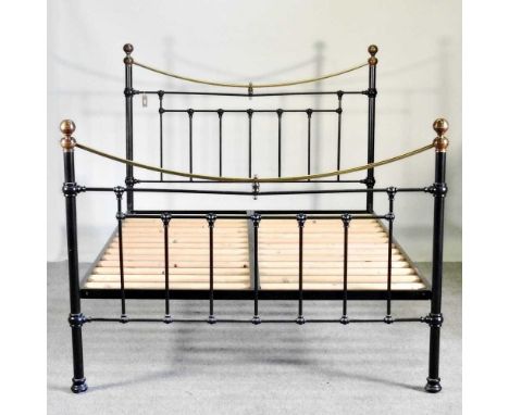 A modern brass and painted metal double bedstead, with a slatted wooden base200w x 144d x 134h cm