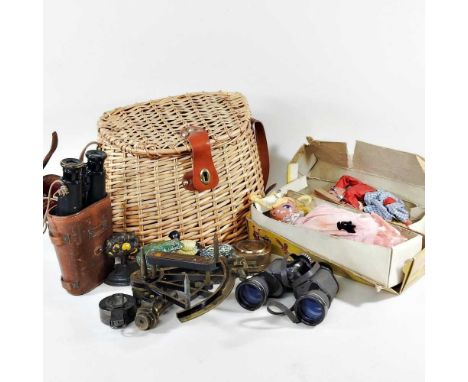 A military sextant, together with a pair of binoculars, a compass, Pelham puppet and other items