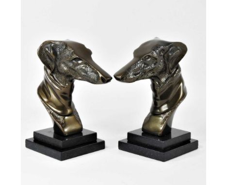 A pair of bronzed greyhound portrait heads, each on a granite base, 22cm high (2)