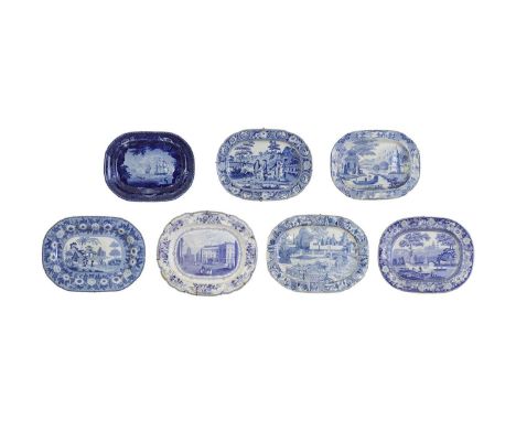 Seven various blue and white glazed stoneware meat plates,19th century, including Castle Street, St. George's Liverpool and t