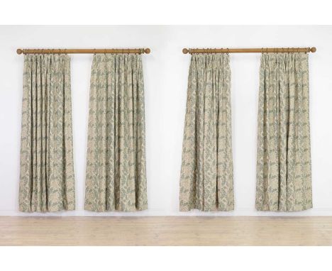 Two pairs of 'Oak Leaves' curtains by Robert Kime,20th century,256cm wide at the bottom edge220cm long,with a pair of oak rai