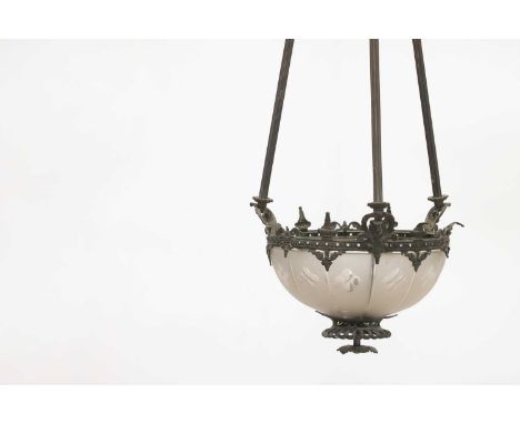 A hanging ceiling light, 19th century/20th century, with an engraved frosted glass shade, 121cm highThe Estate of the Late Ma