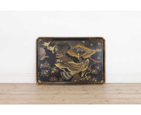 A gilt and lacquered tray table,late 19th century/early 20th century, Japanese, on later ebonised faux bamboo stretchered sup