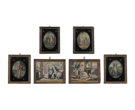 A collection of Regency hand-coloured engravings,early 19th century, including a pair, 'Matrimony' and 'Courtship', and anoth