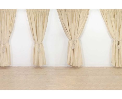 Three pairs of gold silk curtains,of recent manufacture, each with a triple pinch pleated edge, lined and interlined,each len