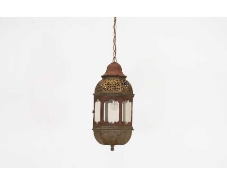 A painted metal lantern,early 19th century, probably Continental, with polychrome chinoiserie decoration,  30cm diameter64cm 