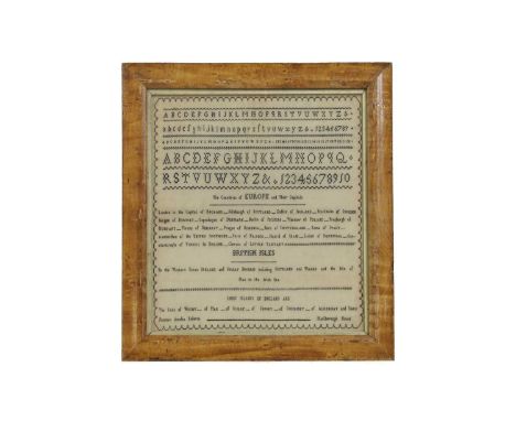 A George III needlework sampler,late 18th century, worked in black cross-stitch on a linen ground, titled 'The Countries of E