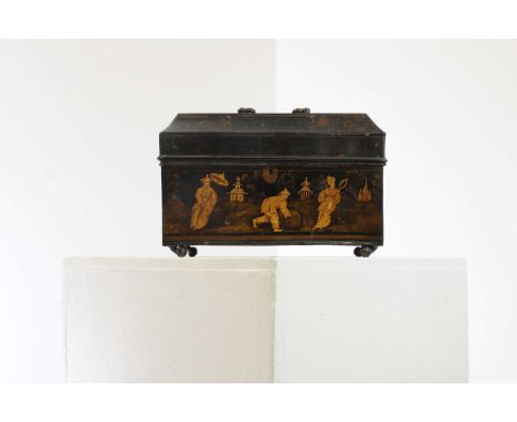A gilt and japanned tin tea caddy,19th century, naive school, with chinoiserie decoration,31cm wide18cm deep23cm highThe Esta