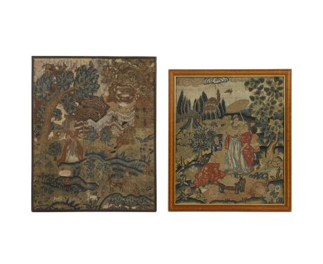 Two needlework pictures,mid-18th century, English, worked in tent stitch using coloured wools on canvas, one depicting figure
