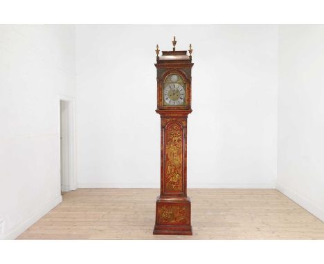 A George II scarlet and gilt-japanned longcase clock, 18th century and later, the dial inscribed 'Richard Penn, London', the 