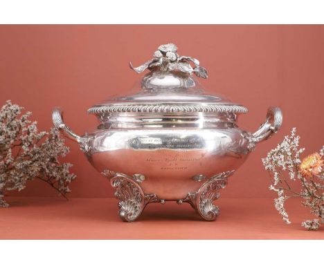 A large George IV silver tureen and cover, by Rundell, Bridge & Rundell, London 1825, engraved with the Lockwood family crest