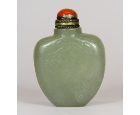 A Chinese carved nephrite jade snuff bottle decorated with a boy playing with a stem of corn with a gilt and coral stopper H 