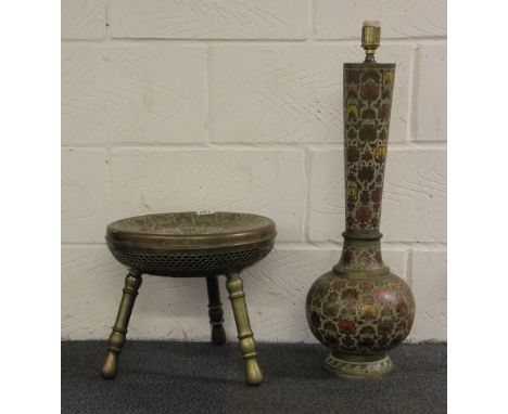 An early 20th century painted eastern brass stool and lamp base