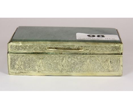 A 19th / early 20th century oriental hammered metal box with inset jade lid 10cm x 6.5cm x 3cm