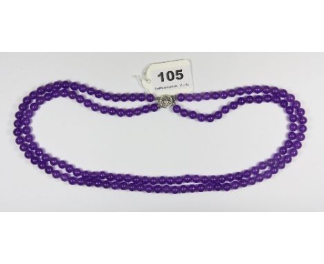 A long 2 row necklace of lavender jade beads