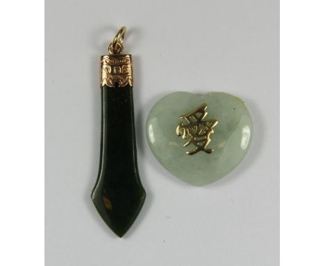 A 9ct gold mounted dark green jade pendant and a further Chinese yellow metal and jade pendant