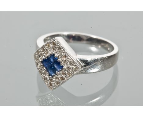 ART DECO STYLE SAPPHIRE AND DIAMOND RING
set with four square sapphires in a diamond set border, in nine carat white gold