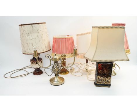 Six table lamps, to include three in brass