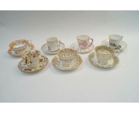 Seven 19th century cups and saucers, to include Spode and Coalport