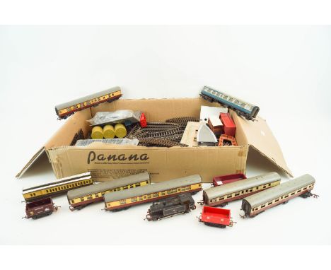 A Hornby 00 gauge model railway with track, carriages and other items