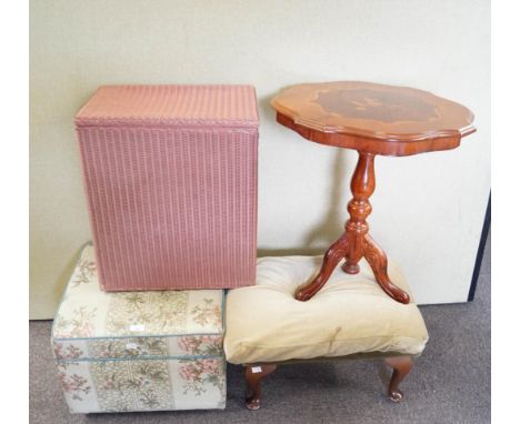 A mahogany occasional table, two footstools and a laundry basket