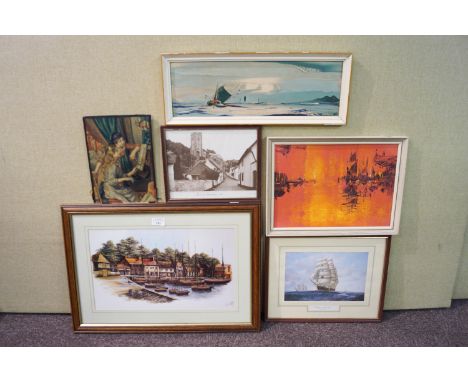 A harbour scene print and other framed works