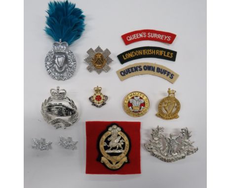 Selection of Various Modern Badgesincluding QC plated Royal Tank Regiment Piper ... Silvered and gilt The Queens Regiment Ban