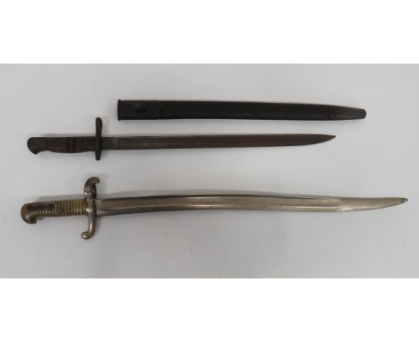 French M1842 Sabre Bayonet22 1/2 inch, plated, single edged, Yataghan blade with large fuller.  Plated steel muzzle ring and 