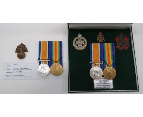 Two WW1 Medal Pairs to Royal Fusiliers and Rifle Brigadeconsisting silver War medal and Victory named to "GS-49588 Pte C W E 