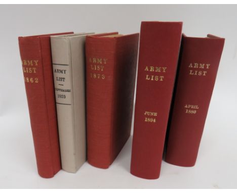 Five Various Victorian Army Listsall well rebound with linen covers and gilt tooling.  Consisting 1873 ... April 1880 ... Jun