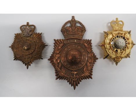 Small Selection of Royal Marine Helmet Platesconsisting KC brass Royal Naval School of Music 1901-1905 ... QC silvered, gilt 