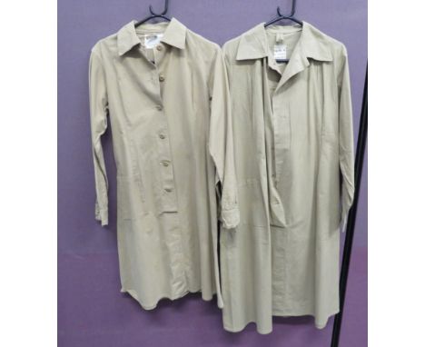 Two WW2 ATS Working Dress Overallslight khaki drill, long dresses.  Part front opening fastened by composite buttons (absent 