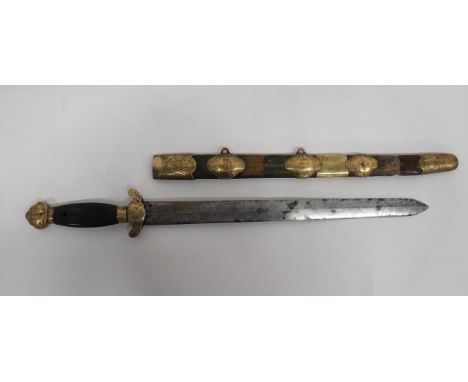 19th Century Chinese Short Sword16 1/2 inch, double edged blade with spear point.  Brass, turn up crossguard with scroll engr