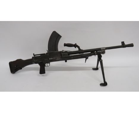 Deactivated MKI* Bren Light Machine Gun.303, MKII, blackened barrel with attached flash hider and side mounted sight. Top woo