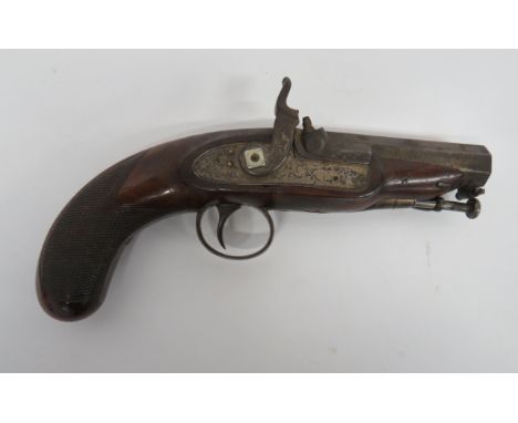 Mid 19th Century Overcoat Percussion Pistol.500, 3 3/4 inch, octagonal barrel.  The top flat with maker "Bentley London" with