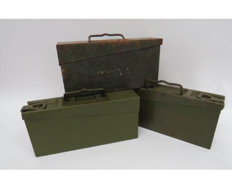 Three German Machine Gun Ammunition Boxesgreen painted, rectangular tins.  Hinged top lid with end catch and top mounted hand